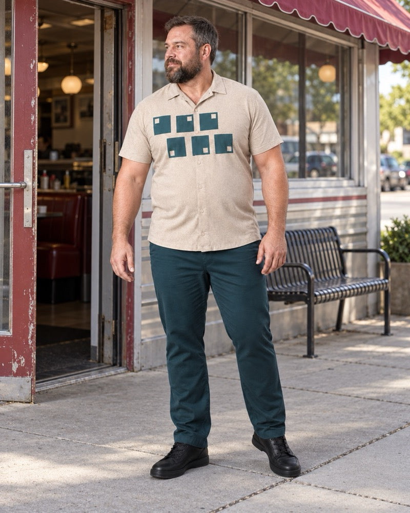 Oatmeal Teal Offset Squares outfit in an everyday setting