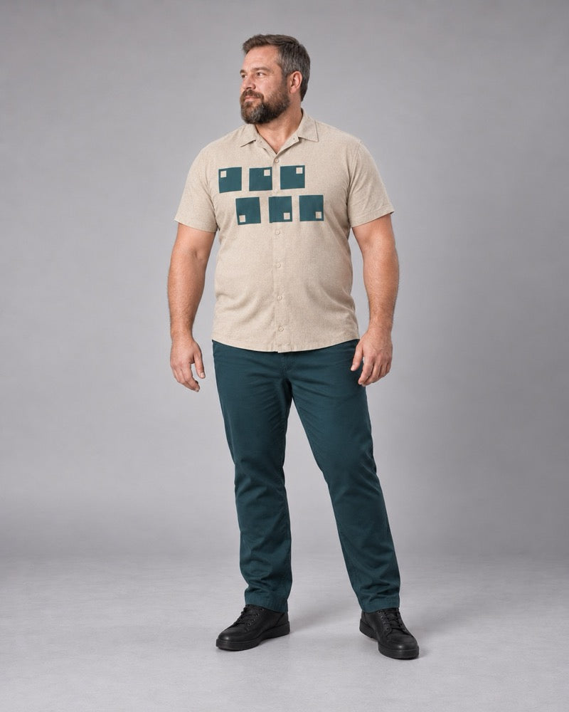 Oatmeal Teal Offset Squares shirt and pants outfit