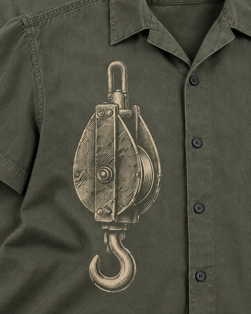 Olive Cargo Pulley graphic and garment details