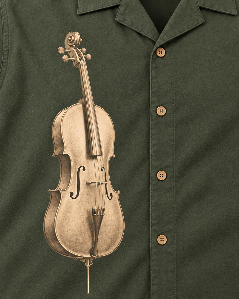 Olive Cello Rest graphic and garment details
