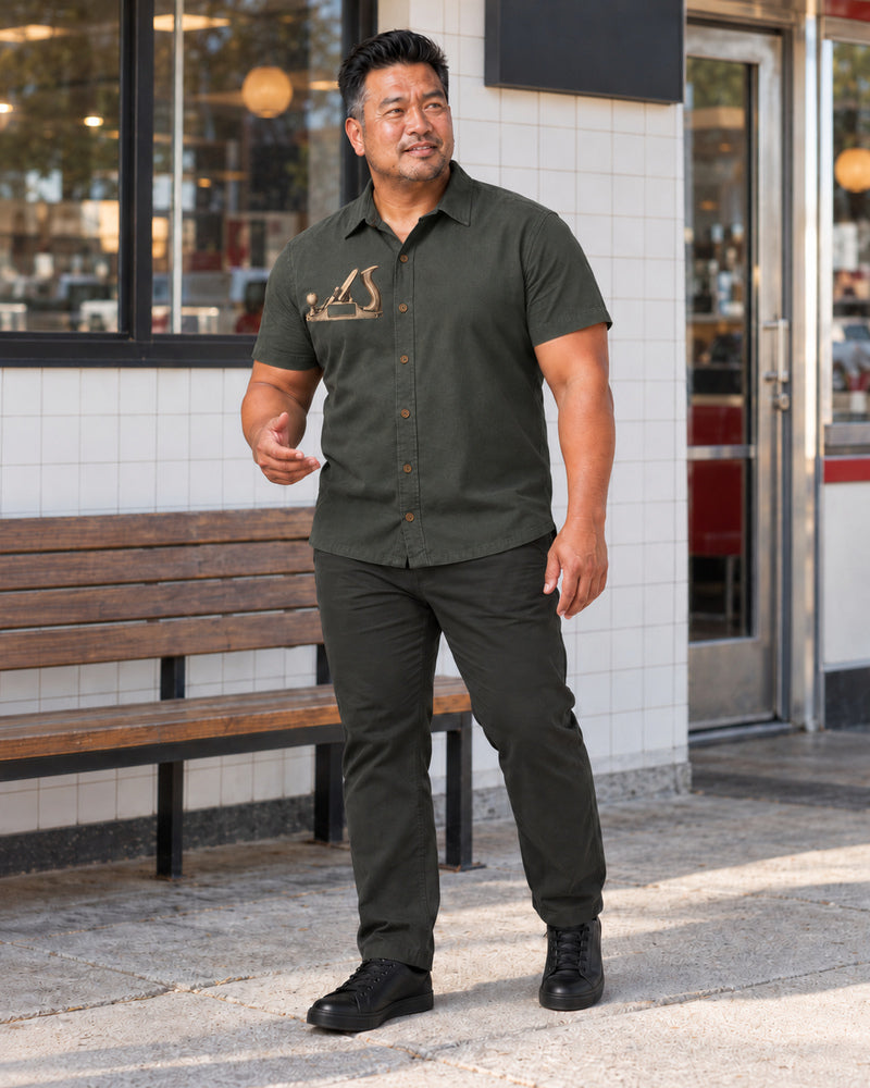 Olive Plane Study outfit in an everyday setting