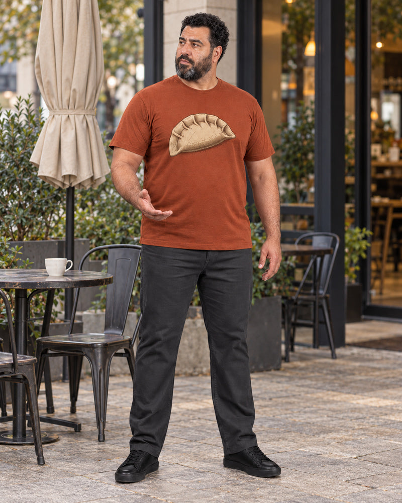 Rust Dumpling Fold outfit in an everyday setting