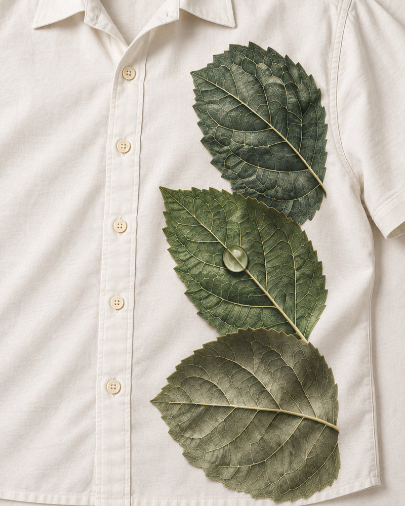 White Leaf Mosaic graphic and garment details