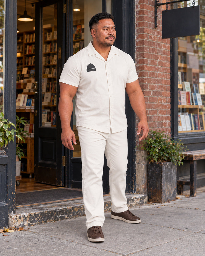 White Rolled Crown outfit in an everyday setting