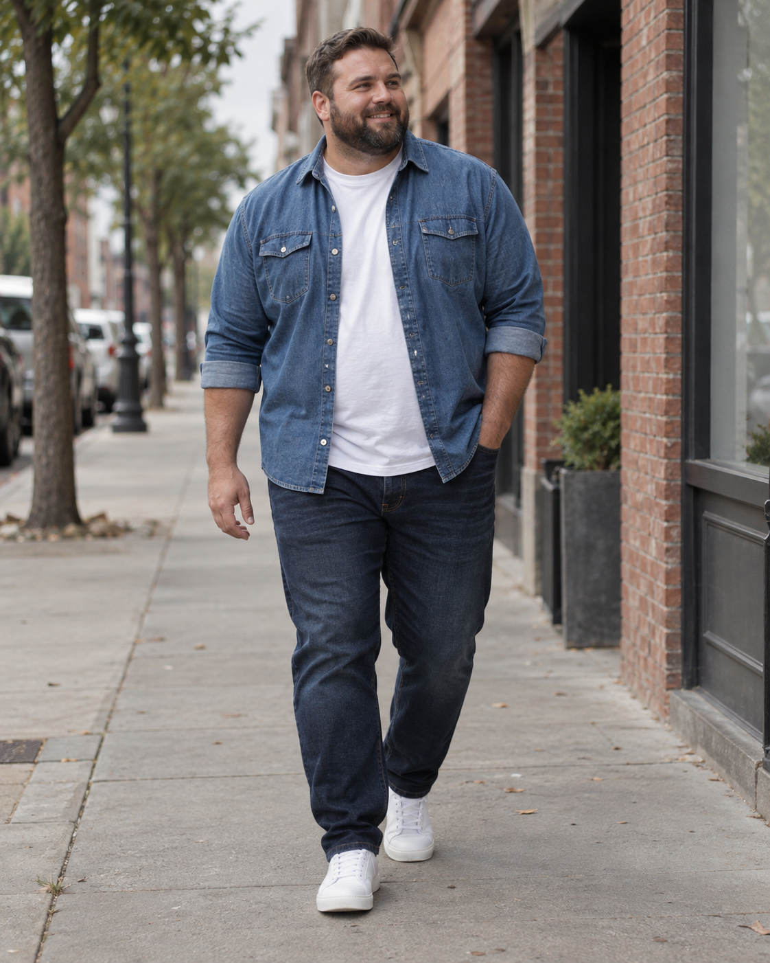 Big and tall man wearing an everyday denim shirt and jeans